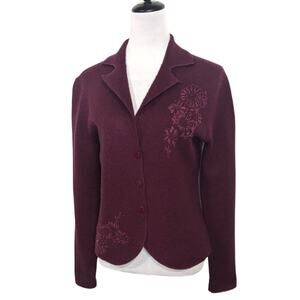 Christopher & Banks Y2K 100% Wool Embroidered Blazer Cardigan Burgundy Small